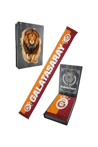 Galatasaray Şal Atkı Aslan Baskılı Ahşap Kutulu Kırmızı Sarı