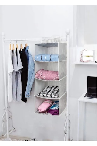 Dolap İçi 4 Raflı Çok Katlı Dolap İçi Düzenleyici Organizer 24 29 64 Cm Gri-beyaz