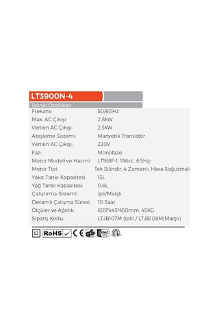 Lutian LT3900N-4 İpli 2.8 KW  Euro V 5 Motor Benzinli Jeneratör