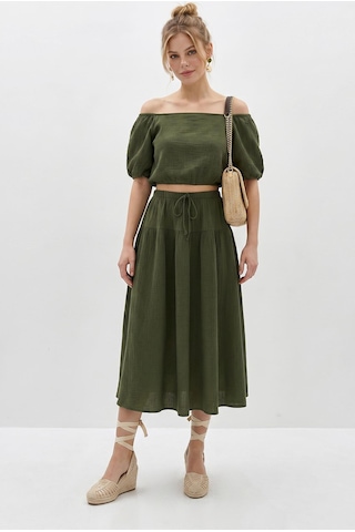 Shade Kadın Balon Kollu Crop Bluz Bağlama Detaylı Pamuklu Müslin Etek Takım Yc2728 60286287 - Yeşil