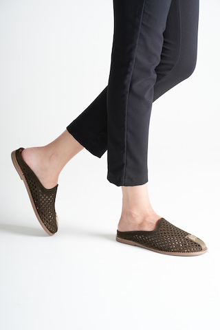 Analin Shoes Kadın Hakiki Deri Delikli Günlük Rahat Terlik Haki