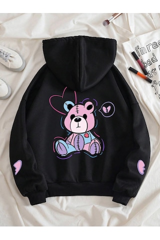 Bear And Heart Print Zip Up Lined Drawstring Hoodie Siyah Siyah