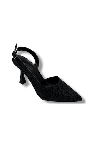 Mengi 685-26 Parlak Simli Saten İnce Topuk Arkası Açık Kadın Stiletto 9cm Siyah