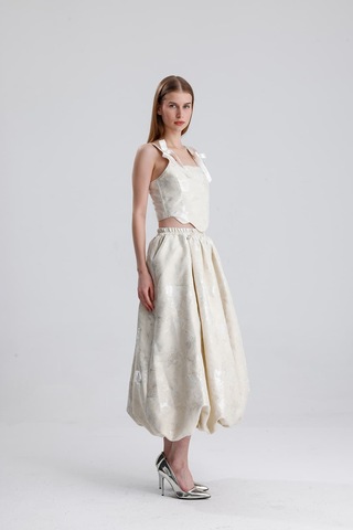 L'aura Corset Luna Brokar Balon Midi Etek Krem