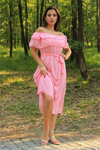 Neşeli Butik Kadın Pembe Kuşaklı Madonna Yaka Baby Shower Elbise Nb8060 Pembe