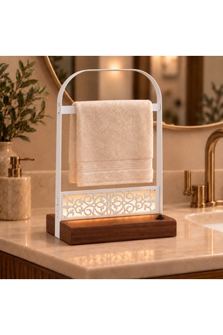 Pilli Led Işıklı El Havluluğu, Ahşap Tabanlı Ayaklı Banyo Havlu Standı Beyaz