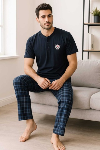 Tenra Erkek Pijama Takımı %100 Pamuk Kısa Kollu Lacivert