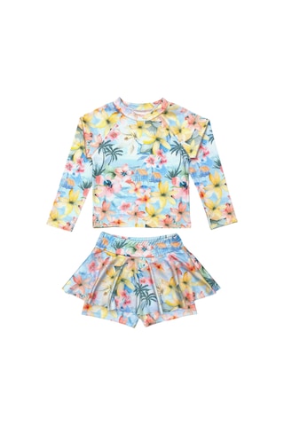 Lolliboomkids Kız Çocuk Pastel Renk Çiçek Desenli Uzun Kollu Tayt Etekli 2 Parça Mayo / Bikini Takımı Çiçek Çok Renkli