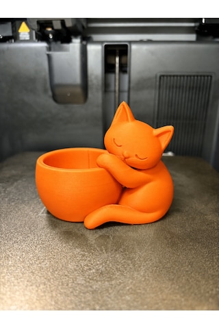 3d Baskı Sarılan Kedi Saksı - Sevimli Dekoratif Saksı - Turuncu Belirtilmemis