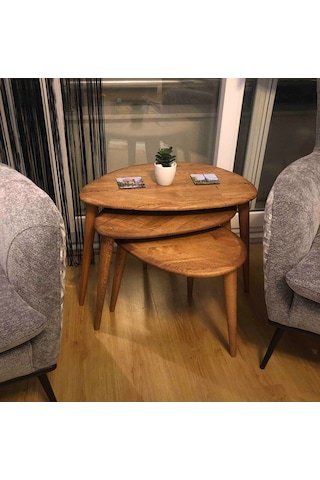 Fawdecor Masif Doğal Ahşap Modern Kestane 3'lü Zigon Sehpa Seti