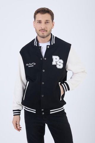 Erkek 3 İplik Pamuklu İçi Polarlı Regular Fit Nakışlı Siyah Kolej Ceket Siyah