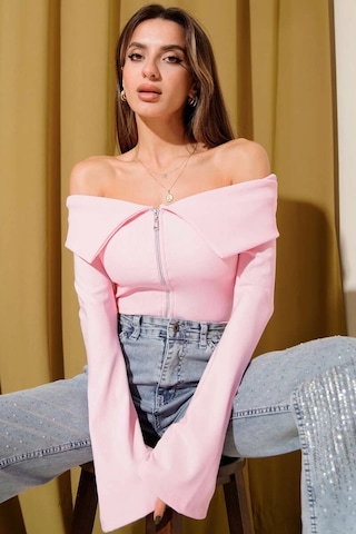 Biçomi Omzu Açık Fermuarlı Bluz Pembe T4330 Pembe