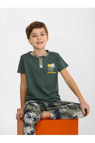 Vitmo Erkek Çocuk Kısa Kollu Düğme Detaylı %100 Pamuklu Pijama Takımı The Palm Yeşil