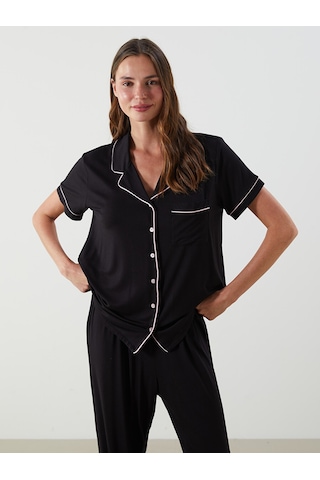 Lcw Dream Siyah Gömlek Yaka Düz Kısa Kollu Kadın Pijama Takımı