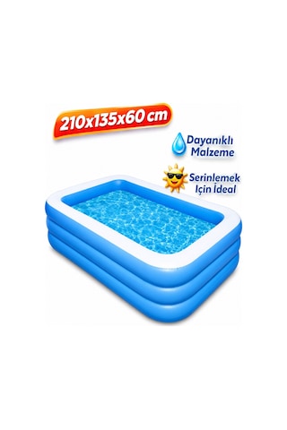 210x135x60cm Şişme Havuz 3 Katmanlı Yazlık Bahçe Havuzu Dikdörtgen Şişme Havuz Tatil Havuzu Yaz Mavi - Beyaz