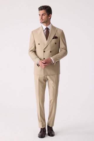 Erkek Bej Slim Fit Yün Kruvaze Takım Elbise