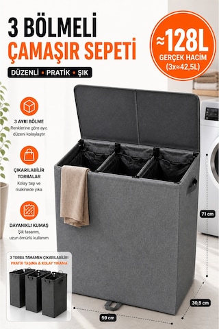 Esti 128 Litre 3 Bölmeli Kapaklı Çamaşır Sepeti - Taşınabilir İç Torba, Katlanabilir Geniş Hacimli Kirli Sepeti - 59x30,5x71 Cm Antrasit