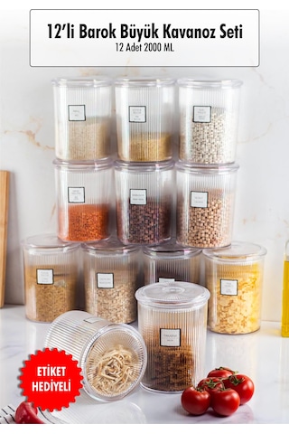 12'li Barok Yuvarlak Büyük Kavanoz Seti & Saklama Kabı & Erzak Kabı 12 2000 Ml Çok Renkli