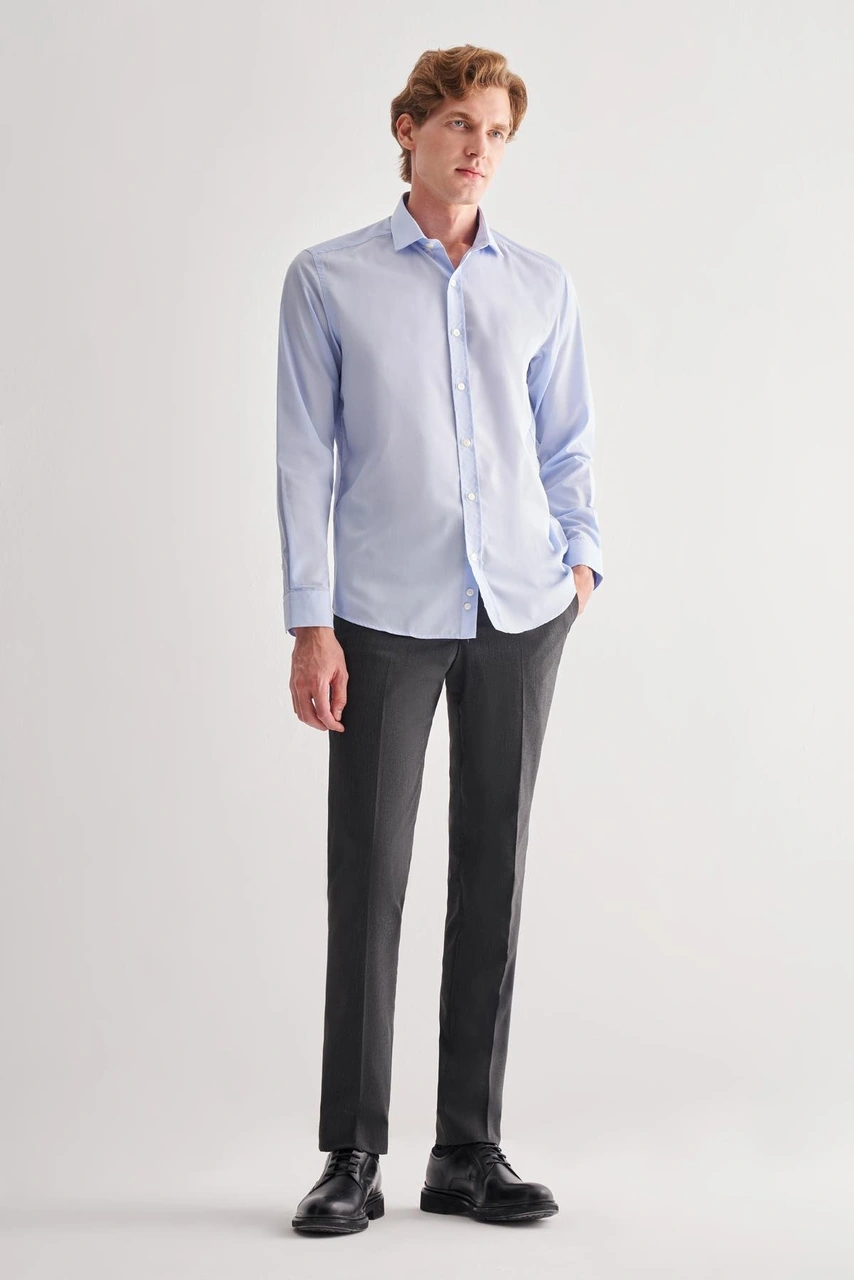 İmza Açık Mavi Yarım İtalyan Yaka Uzun Kol Easy To Iron Slim Fit Pamuklu Gömlek 1004255301 Açık Mavi