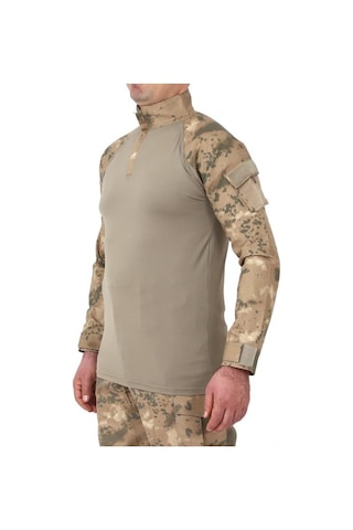 Çöl Kamuflaj Combat Tişört Mikrofiber Yan Kollar Cepli Fermuarlı Slimfit Kesim Kamuflaj