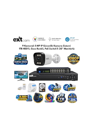 Exitcam 9 Kameralı 5 Mp Ip Poe Güvenlik Kamera Sistemi 20 İnç Monitör, 1 Tb Hdd, 200 Metre Kablo, Sesli Ve Gece Renkli