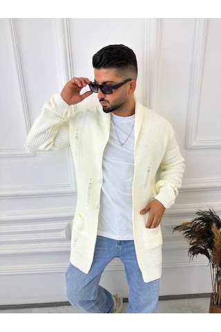 Elku Moda Hırka Örgülü Şal Yaka Cepli Lazer Kesim Yırtık Detaylı Tüylenmez Örgü Triko Hırka Beyaz