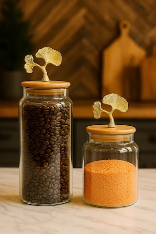 2 Li Altın Metal Ginkgo Figürlü Bambu Kapaklı Cam Kavanoz Saklama Kabı 1400ml + 890 Ml Şeffaf