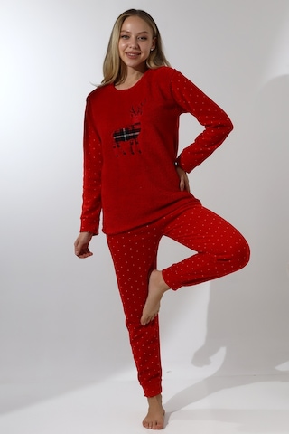 Fawn 5016 Peluş Welsoft Polar Kışlık Yumoş Geyikli Kadın Pijama Takımı Kırmızı