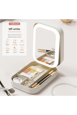 Geeroyoo Led Işıklı Üç Renkli Kozmetik Aynası - Çift Katlı Makyaj Kutusu Ve Mücevher Depolama Kutusu Bej, 16.5x11.5x3.5 Cm Sütlü Beyaz Ayna