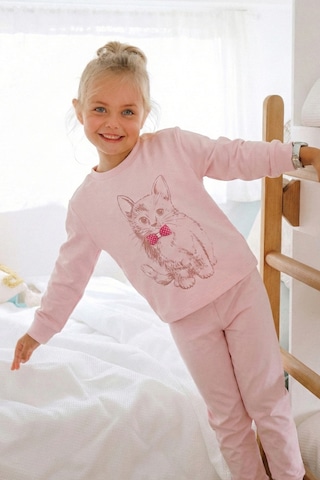 Kedi Baskılı Pijama Takım 2-8 Yaş Pudra Pembe Pudra Pembe