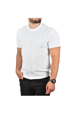 Deepsea Erkek Beyaz Dar Kesim Pamuklu Triko Tişört Slim Fit Nefes Alan Bisiklet Yaka Tişört 2504348 Beyaz