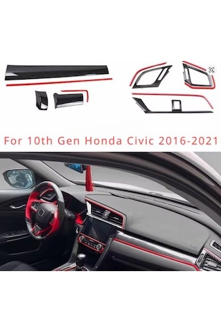 Honda Civic 2016-2021 İçin 10. Nesil Panel Karbon Kaplama 11 Parça Kırmızı Detaylar
