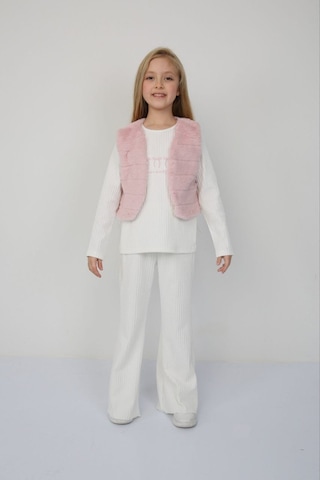 Kız Çocuk Pembe Renk Peluş Yelekli 3 Parça Alt Üt Takım Toz Pembe
