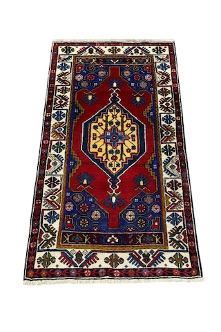 El Dokuma Sıfır Yahyalı Halısı 90x160 Kırmızı Lacivert Kök Boya Yün Halı