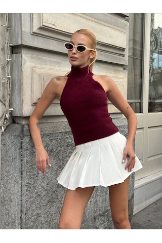 Kadın Yarım Balıkçı Yaka Full Esnek Sakallı Sırt Dekolteli Spor Şık Tasarım Sırtı Açık Bluz Bordo