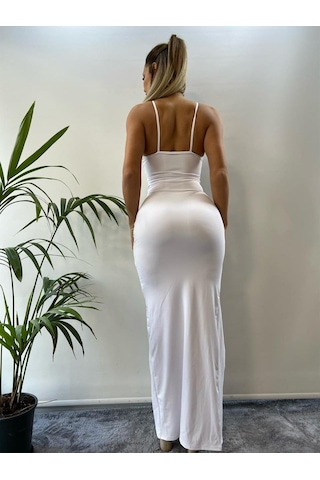 Beyaz Askılı Yırtmaçlı Elbise Beyaz
