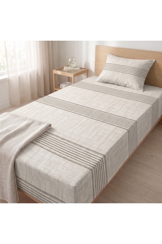 Maki Home %100 Pamuklu Keten Görünümlü Çizgili Açık Bej 120x200 Tek Kişilik Lastikli Çarşaf Seti Minimalist Modern