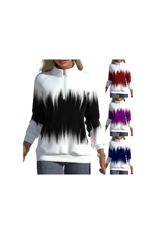 Sonbahar Ve Kış Kadın Ceket Kademeli Değişim Baskılı Yaka Fermuar Uzun Kollu Kış Tarzı Yarım Yüksek Yaka Hırka Ceket Kaban Siyah