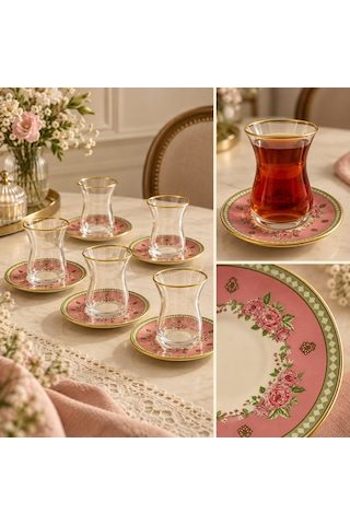 6 Kişilik Çay Seti Çay Bardağı Takımı Pembe Çiçekli Altın Yaldızlı
