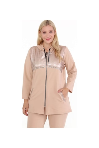 Mia Butik Kadın Büyük Beden Krem Deri Görünümlü İki İplik Ceket-786 Krem