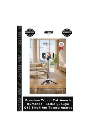 Premium Tripod Çok Amaçlı Kumandalı Selfie Çubuğu Q12 Siyah Anı Tutucu Aparat