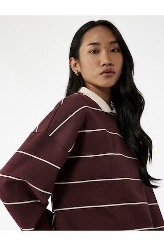 Koton Uzun Kollu Polo Yaka Oversize Sweatshirt Bordo Çizgili 6wal10231ık Bordo Çizgili