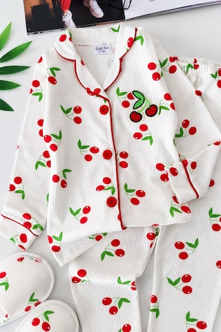 Minigimin Cicileri Kiraz Baskılı Terlikli Kız Çocuk 3 Lü Pijama Takımı - Beyaz