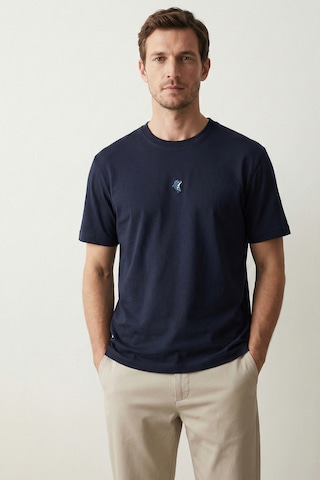 Elemge Pamuk Compact Penye Süprem Yunus Nakışlı Trend Fit Erkek Tok Kumaş T-shirt Rahat Kesim Lacivert 2XL