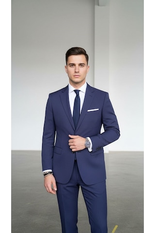 Erkek Lacivert Tek Düğme Slim Fit Takım Elbise - Şık Ofis Ve Davet Kombini Lacivert