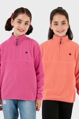 Lela Yumuşak Dokulu Fermuarlı Dik Yaka Şardonlu 2'Li Paket Çocuk Polar 5905002S2 Fuşya-Somon