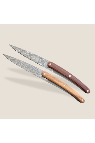2 Deejo Paring Knives, Olive And Coral Wood / Polynesian And Pacific Kahverengi