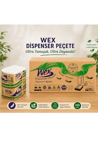 Wex Dispenser Peçete 5 Koli Toplam 90 Paket, 250 Yaprak, 2 Katlı, %100 Selüloz