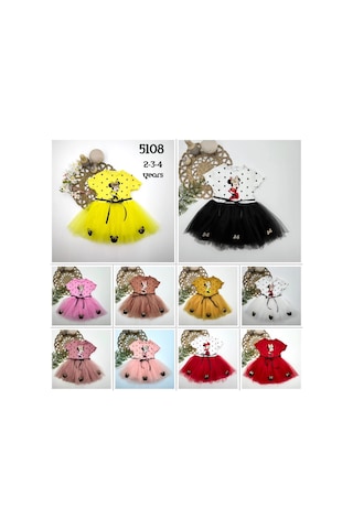 Veraura Lifestyle 2-3-4 Yaş Puantiyeli Mickey Baskılı Kurdela Kuşaklı Astarlı Kız Bebek Tütü Elbisesi Hardal