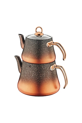 8200 L - 4 Parça, Bio Granit, Cam Kapaklı, Çaydanlık Seti, Siyah Bakır Gövde, Bakır Detay Gümüş